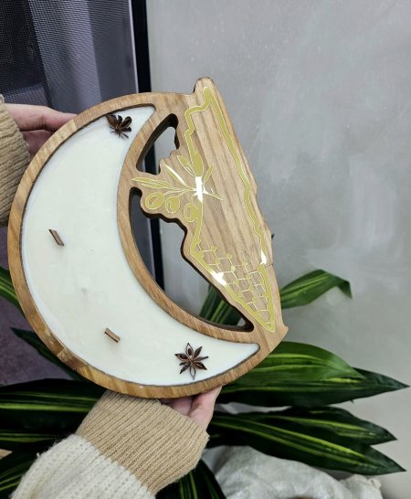 شمعة هلال رمضان خشب مع خارطة فلسطين وزيتون
